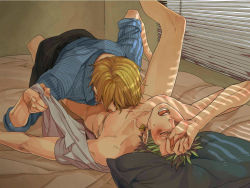 Rule 34 | 2boys, arched back, bed, bed sheet, black pants, blonde hair, blush, bottomless, closed eyes, clothed male nude male, earrings, green hair, hand over eye, holding legs, jewelry, jpeg artifacts, leg in air, leg lift, licking, licking nipple, lying, male focus, moaning, multiple boys, muscular, nipple stimulation, nipples, nude, on back, one piece, open clothes, open mouth, open shirt, pants, pillow, pinstripe pattern, roronoa zoro, sanji (one piece), scar, shirt, striped, sweatdrop, tongue, undressing, window blinds, yaoi, yuu (1969loy)