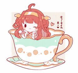 Rule 34 | 1girl, ahoge, bare shoulders, blush, brown hair, closed mouth, cup, detached sleeves, double bun, hair bun, hairband, headgear, heart, highres, in container, in cup, japanese clothes, kantai collection, kongou (kancolle), long hair, nada namie, nontraditional miko, one eye closed, ribbon-trimmed sleeves, ribbon trim, smile, solo, white sleeves, wide sleeves