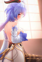 Rule 34 | 1girl, absurdres, blue hair, blush, breasts, covering privates, covering breasts, from side, ganyu (genshin impact), genshin impact, highres, horns, leg up, looking back, medium breasts, sideboob, smile, solo, tanatonkub, thighhighs, topless, twitter username