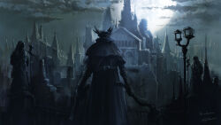 Rule 34 | 1other, ambiguous gender, bloodborne, brown capelet, brown coat, building, capelet, coat, facing away, from behind, gun, handgun, hat, highres, holding, holding gun, holding weapon, hunter (bloodborne), moon, moonlight, night, outdoors, saw, saw cleaver, standing, statue, tricorne, tripdancer, weapon