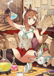 Rule 34 | 1girl, atelier (series), atelier ryza, atelier ryza 2, beret, bottle, brown eyes, brown gloves, brown hair, couch, fi (atelier), gloves, hair ornament, hairclip, hat, highres, holding, holding bottle, holding paper, indoors, jewelry, key, key necklace, navel, necklace, official art, on couch, paper, red shorts, reisalin stout, short hair, short shorts, shorts, single glove, single thighhigh, test tube, thighhighs, thighs, toridamono, white headwear