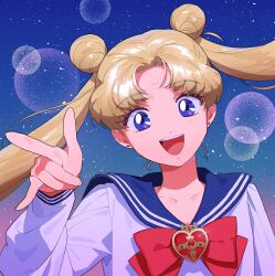 Rule 34 | 1girl, absurdres, bishoujo senshi sailor moon, bishoujo senshi sailor moon s, blonde hair, blue sailor collar, bow, earrings, highres, jewelry, open mouth, popogano, red bow, sailor collar, solo, teeth, tsukino usagi, upper teeth only