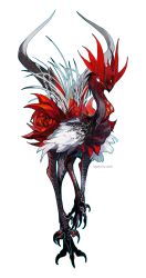 Rule 34 | absurdres, artist name, beak, bird wings, chinese commentary, commentary request, feathered wings, from side, full body, highres, monster, multiple tails, nightcrow, no eyes, no humans, original, simple background, solo, spikes, standing, tail, talons, two tails, white background, wings