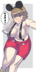 Rule 34 | 1girl, bare shoulders, blush, breasts, brown hair, cleavage, cosplay, darabuchi, disney, gloves, hair between eyes, highres, large breasts, licking lips, looking at viewer, mickey mouse, mickey mouse (cosplay), mickey mouse ears, persona, persona 3, red shorts, shiny clothes, shiny skin, short hair, shorts, simple background, solo, speech bubble, suspenders, takeba yukari, tongue, tongue out, white gloves