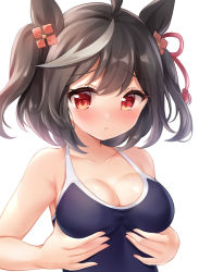 Rule 34 | 1girl, ahoge, animal ears, backlighting, bad id, bad pixiv id, bare arms, bare shoulders, black hair, black one-piece swimsuit, blue one-piece swimsuit, blush, breast conscious, breasts, cleavage, closed mouth, collarbone, commentary request, competition school swimsuit, embarrassed, fingernails, grey hair, hair ornament, halterneck, horse ears, kitasan black (umamusume), long fingernails, medium breasts, multicolored hair, nikoo, one-piece swimsuit, red eyes, school swimsuit, simple background, solo, streaked hair, swimsuit, two side up, umamusume, upper body, white background