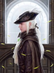 Rule 34 | 1girl, ascot, bloodborne, green eyes, hat, highres, lady maria of the astral clocktower, long hair, ponytail, realistic, reverse trap, solo, the old hunters, white hair