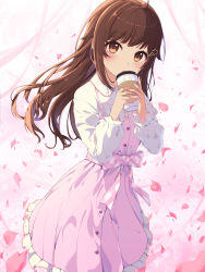 Rule 34 | 1girl, :o, absurdres, ahoge, blush, brown hair, coffee cup, collared shirt, cowboy shot, cup, disposable cup, dress, frilled dress, frilled sleeves, frills, hair flaps, hair ornament, hairclip, highres, holding, holding cup, hololive, keis (locrian1357), long hair, long sleeves, looking at viewer, parted lips, petals, pinafore dress, pink dress, pink ribbon, ribbon, shirt, sleeveless dress, solo, star (symbol), star hair ornament, tokino sora, virtual youtuber, white shirt