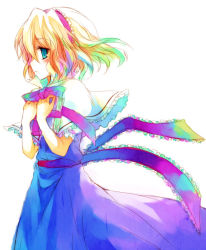 Rule 34 | 1girl, alice margatroid, blonde hair, blue dress, capelet, dress, female focus, frills, from side, green eyes, looking at viewer, looking to the side, profile, short hair, simple background, solo, suzushiro kurumi, touhou, white background