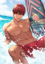 Rule 34 | 1boy, abs, arm support, artist name, backlighting, collarbone, day, dutch angle, holding, holding surfboard, horizon, kagami taiga, kuroko no basuke, looking at viewer, male focus, male swimwear, muscular, muscular male, navel, nipples, ocean, open mouth, outdoors, partially submerged, pectorals, reclining, red eyes, red hair, red male swimwear, short hair, signature, solo, sparkle, spiked hair, spread legs, sunlight, surfboard, swim trunks, water, water drop, waves, wet, wet hair, zawar379