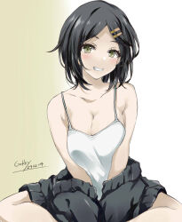 Rule 34 | 1girl, black hair, black jacket, breasts, camisole, cleavage, collarbone, feet out of frame, gakky, green eyes, grin, highres, indian style, jacket, kantai collection, kuroshio (kancolle), looking at viewer, medium breasts, one-hour drawing challenge, short hair, sitting, smile, solo, white camisole