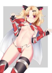 Rule 34 | 1girl, akatsuki uni, armor, armored boots, asymmetrical gloves, asymmetrical legwear, bad id, bad twitter id, bikini, bikini armor, black gloves, black thighhighs, blonde hair, blush, boots, breasts, cape, choker, closed mouth, commentary request, cosplay, dutch angle, elbow gloves, elizabeth bathory (brave) (fate), elizabeth bathory (brave) (fate) (cosplay), elizabeth bathory (fate), fate/grand order, fate (series), fingerless gloves, fingernails, gloves, grey background, groin, hair ornament, hairclip, hands up, highres, knee boots, long hair, misakisanakichi, navel, parted bangs, pauldrons, purple eyes, red armor, red choker, red footwear, shoulder armor, small breasts, solo, string bikini, swimsuit, thighhighs, thighhighs under boots, twintails, two-tone background, two side up, uneven gloves, uneven legwear, uni create, vambraces, virtual youtuber, wardrobe malfunction, wavy mouth, white background, white cape