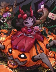 Rule 34 | 1girl, artist name, basket, black hair, black legwear, bow, broken heart, bug, candle, candy, colored skin, costume, cup, dress, extra arms, extra eyes, fangs, fire, food, hair bow, halloween, hat, heart, highres, horns, arthropod girl, jack-o&#039;-lantern, muffet, muffet&#039;s pet, night, night sky, one eye closed, pumpkin, purple fire, purple skin, red dress, riding, scarecrow, short hair, signature, silk, sky, spider, spider girl, spider web, sunglasses, teacup, teapot, teeth, trick or treat, undertale, waddy