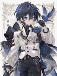 Rule 34 | 1boy, animal, animal on hand, artist name, ascot, bird, bishounen, black gloves, black hair, blue flower, buttoned cuffs, buttons, closed mouth, commentary, cowboy shot, english commentary, flower, formal, gloves, highres, long sleeves, looking at viewer, male focus, medium hair, namiki itsuki, original