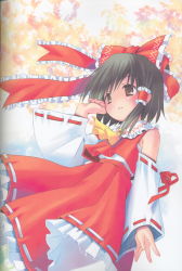 Rule 34 | 1girl, absurdres, ascot, black hair, blush, brown eyes, detached sleeves, frills, hair ornament, hair ribbon, hair tubes, hakurei reimu, highres, huge filesize, japanese clothes, long sleeves, miko, parted lips, pop, ribbon, scan, shirt, short hair, simple background, skirt, solo, touhou, vest, wide sleeves