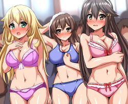 Rule 34 | 3girls, 6+boys, absurdres, alternate hairstyle, atago (kancolle), blonde hair, blue bra, blue panties, blurry, blush, bra, breasts, brown eyes, brown hair, cleavage, collarbone, commentary request, commission, cowboy shot, depth of field, dutch angle, frilled bra, frills, green eyes, hairband, haruna (kancolle), highres, kaga (kancolle), kantai collection, large breasts, long hair, multiple boys, multiple girls, nose blush, panties, pink bra, pink panties, pixiv commission, sports bra, towel, towel on head, underwear, underwear only, white hairband, zanntetu