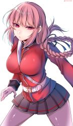 Rule 34 | 1girl, bad id, bad pixiv id, belt, between breasts, braid, breasts, fate/grand order, fate (series), florence nightingale (fate), highres, large breasts, long hair, looking at viewer, military, military uniform, miniskirt, pantyhose, pink hair, pleated skirt, purple eyes, shisei (kyuushoku banchou), skirt, solo, twitter username, uniform