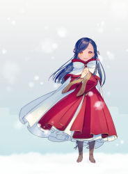 Rule 34 | 1girl, blue hair, blush, boots, brown footwear, cape, child, cross-laced footwear, dress, floating hair, full body, hair ornament, half updo, hands on own chest, honzuki no gekokujou, hood, hood down, hooded cape, knee boots, layered sleeves, long hair, long sleeves, looking at viewer, myne (honzuki no gekokujou), own hands together, petticoat, red dress, rinndouk, simple background, smile, snow, snowing, solo, standing, twitter username, white cape, wide sleeves, wind, yellow eyes