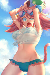 Rule 34 | 1girl, animal ears, arms up, ball, beachball, bell, bikini, bikini under clothes, blue sky, blush, breasts, cat ears, cat girl, cat tail, cloud, commentary request, cowboy shot, cross-laced bikini, cross-laced clothes, eyewear on head, fang, floral print, floral print bikini, frilled bikini, frills, hair bell, hair ornament, highres, holding, holding ball, holding beachball, mad mew mew, medium breasts, medium hair, navel, open mouth, outdoors, pink hair, pugthe2ro, scrunchie, see-through, see-through shirt, shirt, sky, solo, sunglasses, swimsuit, tail, tied shirt, twitter username, undertale, wrist scrunchie
