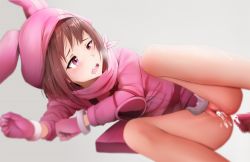 Rule 34 | 1girl, after vaginal, aftersex, blush, bottomless, brown hair, censored, cum, cum in pussy, disembodied penis, ginhaha, gloves, hat, hood, hoodie, llenn (sao), long sleeves, lying, mosaic censoring, on side, open mouth, penis, pink eyes, pink gloves, pink headwear, pussy, saliva, simple background, solo focus, sweat, sword art online, sword art online alternative: gun gale online, teeth