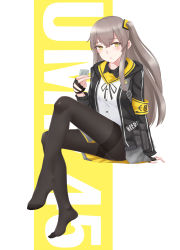 Rule 34 | 1girl, :o, absurdres, arm at side, armband, bad id, bad pixiv id, black gloves, black jacket, black pantyhose, black ribbon, blush, bright pupils, brown hair, character name, condom, condom wrapper, fingerless gloves, full body, girls&#039; frontline, gloves, hair ornament, highres, holding, holding condom, invisible chair, jacket, long hair, long sleeves, looking at viewer, no pants, no shoes, one side up, open clothes, open jacket, open mouth, pantyhose, pocket, ribbon, scar, scar across eye, scar on face, shirt, single sidelock, sitting, solo, tareme, thighband pantyhose, two-tone background, ump45 (girls&#039; frontline), very long hair, white shirt, yellow eyes, zenge hd