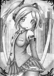 Rule 34 | absurdres, alternate hairstyle, detached sleeves, graphite (medium), greyscale, hair ornament, hatsune miku, headset, highres, looking at viewer, maezaru, monochrome, necktie, short hair, short twintails, skirt, solo, spring onion, tattoo, thighhighs, traditional media, twintails, vocaloid, zettai ryouiki