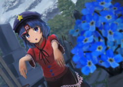 Rule 34 | 1girl, arms up, black skirt, blue eyes, blue hair, blue hat, blurry, breasts, bright pupils, chinese clothes, cloud, commentary request, crying, crying with eyes open, day, depth of field, dutch angle, flat cap, flower, forget-me-not (flower), graveyard, hat, highres, looking at viewer, luke (kyeftss), miyako yoshika, ofuda, open mouth, outdoors, outstretched arms, overcast, parted bangs, red shirt, shirt, short hair, short sleeves, skirt, sky, small breasts, solo, standing, star (symbol), streaming tears, tears, teeth, tombstone, touhou, tree, upper body, upper teeth only, white pupils, zombie pose