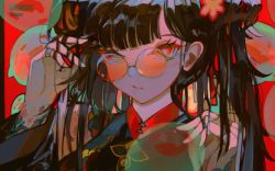 Rule 34 | 1girl, alternate hairstyle, arm tattoo, bespectacled, black jacket, blunt bangs, bright pupils, brown hair, closed mouth, commentary request, double bun, flower, flower-shaped pupils, genshin impact, ghost, glasses, hair bun, hair flower, hair ornament, hand in own hair, hands up, highres, hu tao (genshin impact), jacket, john kafka, korean commentary, long hair, long sleeves, looking at viewer, nose, orange-tinted eyewear, red background, red eyes, round eyewear, solo, symbol-shaped pupils, tattoo, tinted eyewear, twintails, upper body, white pupils