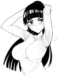 Rule 34 | 1girl, armpits, arms behind head, arms up, bare arms, bare shoulders, blunt bangs, breasts, closed mouth, collarbone, ebino mei, ebino mei (hatsukoi zombie), expressionless, greyscale, hatsukoi zombie, large breasts, lineart, long hair, looking to the side, monochrome, ponytail, sleeveless, smell, solo, sweat, tank top, tomohiro kai, wet