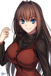 Rule 34 | 1girl, ahoge, aozaki aoko, artist name, black sweater, brown hair, buttons, closed mouth, commentary request, dress, hair between eyes, hair intakes, kotera ryou, long hair, looking at viewer, mahou tsukai no yoru, red dress, simple background, smile, solo, sweater, turtleneck, turtleneck sweater, very long hair, white background