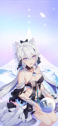 Rule 34 | 1girl, :d, animal ear fluff, animal ears, bare shoulders, black bow, black dress, bow, breasts, cat ears, character name, cleavage, collarbone, detached sleeves, dress, grey hair, hair between eyes, hair bow, hair ornament, halterneck, highres, honkai (series), honkai impact 3rd, kiana kaslana, kiana kaslana (herrscher of finality), long hair, looking at viewer, low twintails, medium breasts, navel, official alternate costume, official art, official wallpaper, open mouth, purple eyes, revealing clothes, sitting, skirt, smile, solo, twintails, very long hair, white hair