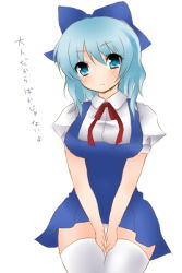 Rule 34 | 1girl, :&lt;, aged up, blue eyes, blue hair, bow, breasts, cirno, female focus, hair bow, head tilt, jyako, large breasts, matching hair/eyes, phantasmagoria of flower view, simple background, solo, thighhighs, touhou, translated, v arms