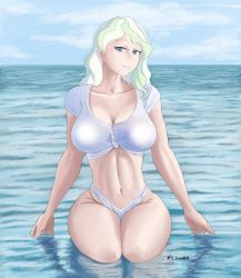 Rule 34 | 10s, 1girl, artist name, breasts, cleavage, cloud, diana cavendish, female focus, green eyes, green hair, horizon, large breasts, little witch academia, looking at viewer, multicolored hair, navel, ocean, outdoors, partially submerged, seiza, sitting, sky, smile, solo, thick thighs, thighs, thotticus-slayer, two-tone hair, water, wavy hair, wet, white hair