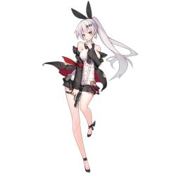 Rule 34 | 1girl, bare shoulders, black bow, black bowtie, blouse, bow, bowtie, breasts, brown eyes, damaged, detached sleeves, earrings, five-seven (girls&#039; frontline), fn five-seven, full body, girls&#039; frontline, gun, hair ornament, hair ribbon, handgun, holding, holding gun, holding weapon, huaji, jacket, jewelry, large breasts, long hair, looking at viewer, microskirt, off shoulder, official art, pdw-caliber pistol, pleated skirt, ponytail, rabbit hair ornament, ribbon, shirt, skirt, smile, solo, suisai (suisao), transparent background, weapon, white hair