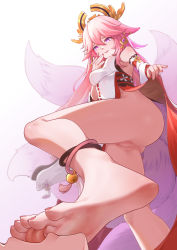 1girl absurdres barefoot chan_sang diamond-shaped_pupils diamond_(shape) feet foot_focus foot_worship foreshortening genshin_impact hair_between_eyes highres long_hair no_panties parted_lips pelvic_curtain pink_hair purple_eyes pussy simple_background soles symbol-shaped_pupils toes uncensored white_background yae_miko