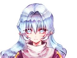 Rule 34 | 1girl, blue eyes, blue hair, blush, closed mouth, commentary request, dress, expressionless, hair between eyes, hair intakes, highres, juliet sleeves, long hair, long sleeves, looking at viewer, pointy ears, priest (ragnarok online), puffy sleeves, purple dress, ragnarok online, shirokuro (erisnoa), simple background, solo, upper body, white background