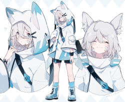 Rule 34 | 1girl, :t, animal ears, animal hood, ars almal, bandaid, bandaid on face, black shorts, blue eyes, blue footwear, blue socks, blush, boots, captain yue, closed mouth, commentary request, cropped torso, eyes visible through hair, fake animal ears, grey hair, hair between eyes, hand on own hip, hand up, highres, hood, hood down, hood up, hooded jacket, jacket, long sleeves, multiple views, nijisanji, pout, short shorts, shorts, socks, sparkle, star (symbol), star print, upper body, virtual youtuber, white background, white jacket, wide sleeves