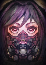 Rule 34 | 1girl, black hair, face, gas mask, heart, heart-shaped pupils, looking at viewer, mask, mouth mask, multicolored hair, original, purple hair, red eyes, renkoma, science fiction, short hair, solo, symbol-shaped pupils