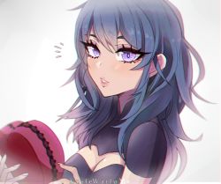 Rule 34 | 1girl, artist name, blue eyes, blue hair, breasts, byleth (female) (fire emblem), byleth (fire emblem), candy, chocolate, chocolate heart, cleavage, cleavage cutout, clothing cutout, fire emblem, fire emblem: three houses, food, hair between eyes, heart, highres, holding, knifewaifu, lips, long hair, looking at viewer, nintendo, parted lips, simple background, solo, teeth, upper body, valentine, watermark, white background