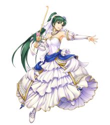 Rule 34 | 1girl, armpits, bare shoulders, breasts, bridal gauntlets, bride, candle, dress, earrings, female focus, fire, fire emblem, fire emblem: the blazing blade, fire emblem heroes, fire, flower, full body, green eyes, green hair, hair flower, hair ornament, high ponytail, highres, holding, jewelry, long hair, looking at viewer, looking away, lyn (bridal) (fire emblem), lyn (fire emblem), matching hair/eyes, medium breasts, necklace, nintendo, official alternate costume, official art, open mouth, ponytail, smile, solo, strapless, strapless dress, transparent background, very long hair, wedding dress, white dress, white footwear, yamada koutarou