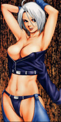Rule 34 | 1girl, ahoge, angel (kof), armpits, blue eyes, breasts, cleavage, face, large breasts, lips, midriff, saigado, snk, solo, the king of fighters, white hair