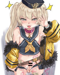 Rule 34 | 1boy, :3, :d, anchor hat ornament, areola slip, armpits, azur lane, bache (azur lane), bandaid, bandaid on knee, bandaid on leg, banknote, bar censor, bare shoulders, belt collar, black hat, black sailor collar, blonde hair, blush, body writing, censored, collar, commentary request, erection, fang, feet out of frame, fishnet thighhighs, fishnets, fur trim, genderswap, genderswap (ftm), hat, hat ornament, heart, heart-shaped pupils, jacket, long hair, looking at viewer, male focus, micro shorts, money, money gesture, navel, neckerchief, off shoulder, open mouth, ozawa reido, penis, photoshop (medium), precum, purple eyes, sailor collar, shorts, single thighhigh, smile, solo, sparkle, sweat, symbol-shaped pupils, testicles, thighhighs, tongue, tongue out, trap, tucked money, twintails, white thighhighs, yellow neckerchief