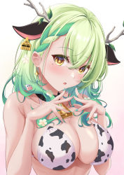 Rule 34 | 1girl, :o, absurdres, animal ears, animal print, antlers, barcode, bell, bikini, black collar, blush, branch, breasts, ceres fauna, cleavage, collar, cow ears, cow hair ornament, cow print, cow print bikini, cowbell, crossed bangs, ear tag, flower, green hair, green nails, hair flower, hair ornament, hands up, highres, hololive, hololive english, horns, kaigan, large breasts, leaf, long hair, looking at viewer, mole, mole under eye, nail polish, neck bell, parted lips, print bikini, revision, solo, swimsuit, upper body, virtual youtuber, wavy hair, yellow eyes