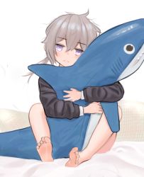 Rule 34 | 1girl, bad id, bad pixiv id, barefoot, blush, closed mouth, commentary, feet, foot focus, gachigachi, girls&#039; frontline, grey hair, hugging object, ikea shark, looking at viewer, m200 (girls&#039; frontline), purple eyes, solo, stuffed animal, stuffed shark, stuffed toy, toes