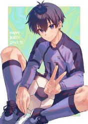 Rule 34 | 1boy, ahoge, ball, blue eyes, blue footwear, blue hair, blue lock, blue shirt, blue shorts, blue socks, closed mouth, collared shirt, commentary, dated, full body, hand up, happy birthday, highres, isagi yoichi, knee up, kshima mo369, long sleeves, looking at viewer, male focus, shirt, shoes, short hair, shorts, sitting, sketch, smile, soccer ball, soccer uniform, socks, solo, sportswear, v