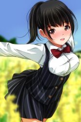 Rule 34 | 1girl, black hair, black skirt, black vest, blush, bow, bowtie, breasts, brown eyes, flower, highres, long hair, long sleeves, looking at viewer, matsunaga kouyou, medium breasts, open mouth, ponytail, red bow, red bowtie, school uniform, shirt, skirt, sky, smile, standing, striped clothes, striped skirt, striped vest, vest, white shirt