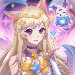 Rule 34 | 1girl, :d, :p, ahri (league of legends), animal, animal ears, bare shoulders, blue choker, blue hair, bow, bowtie, brown eyes, choker, closed eyes, covered collarbone, detached sleeves, finger heart, fox ears, fox girl, fox tail, gold headband, grey sleeves, hair ornament, heart, highres, league of legends, long hair, long sleeves, looking at viewer, multicolored hair, multiple tails, official alternate costume, open mouth, orange bow, orange bowtie, qianniao zhi shi, smile, space, sparkle, star (symbol), star guardian (league of legends), star guardian ahri, star hair ornament, starry background, tail, tongue, tongue out, upper body