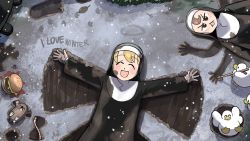 Rule 34 | 3girls, :d, bird, blonde hair, brown hair, burger, chicken, closed eyes, clumsy nun (diva), commentary, diva (hyxpk), duck, earthworm, english commentary, food, froggy nun (diva), habit, highres, little nuns (diva), lying, mole (animal), multiple girls, nun, on back, open mouth, red star, smile, snow, snow angel, star (symbol), tongue, tongue out, traditional nun