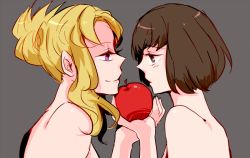 Rule 34 | 10s, 2girls, apper500, apple, bad id, bad pixiv id, bare shoulders, blonde hair, brown eyes, brown hair, food, from side, fruit, grey background, long hair, looking at another, mawaru penguindrum, multiple girls, oginome ringo, profile, purple eyes, shaded face, short hair, simple background, tokikago yuri, very long hair, yuri