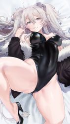 Rule 34 | 1girl, absurdres, ahoge, animal ears, ass, bare legs, bare shoulders, bed sheet, black jacket, black leotard, breasts, cleavage, covered navel, earrings, fur trim, grey eyes, grey hair, grin, hair between eyes, high heels, highleg, highleg leotard, highres, hololive, jacket, jewelry, leotard, lion ears, lion girl, lion tail, long hair, long sleeves, looking at viewer, lying, medium breasts, no socks, nontraditional playboy bunny, off shoulder, on back, open clothes, open jacket, playboy bunny, seicoh, shishiro botan, smile, solo, strapless, strapless leotard, tail, thick thighs, thighs, two side up, virtual youtuber