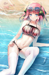 Rule 34 | 1girl, absurdres, bare shoulders, beach, bikini, blue eyes, blunt bangs, breasts, collarbone, dymao, eyewear on head, female focus, go-toubun no hanayome, hair ribbon, hand on own hip, highres, large breasts, linea alba, looking at viewer, multicolored nails, nail polish, nakano nino, navel, pink hair, ribbon, solo, striped bikini, striped clothes, sunglasses, sunglasses on head, swimsuit, thighhighs, thighs, two side up, water